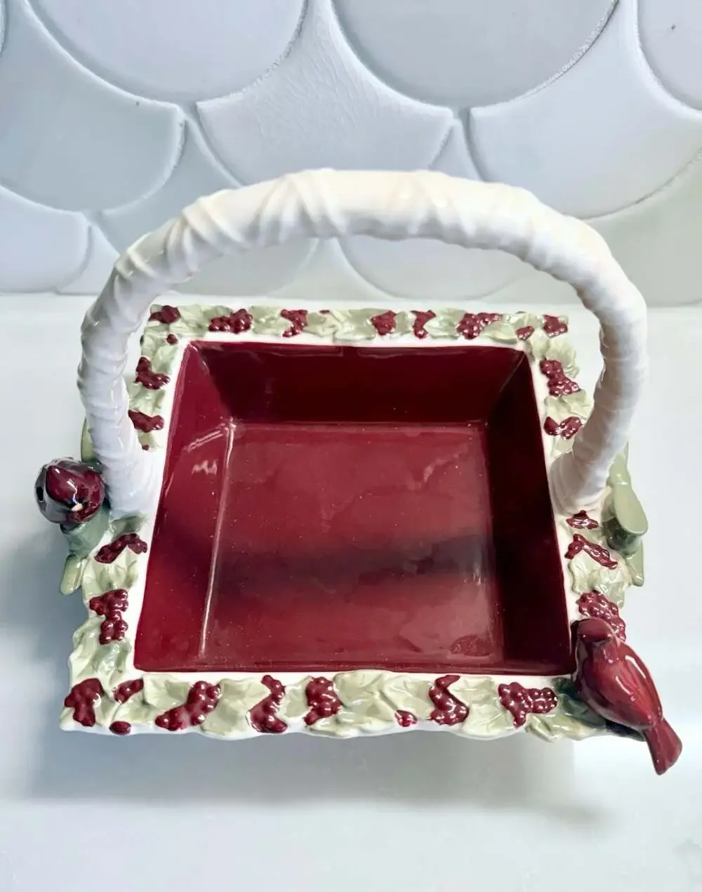 Grasslands Road Cardinal and Holly Berry Ceramic Basket Serving Dish